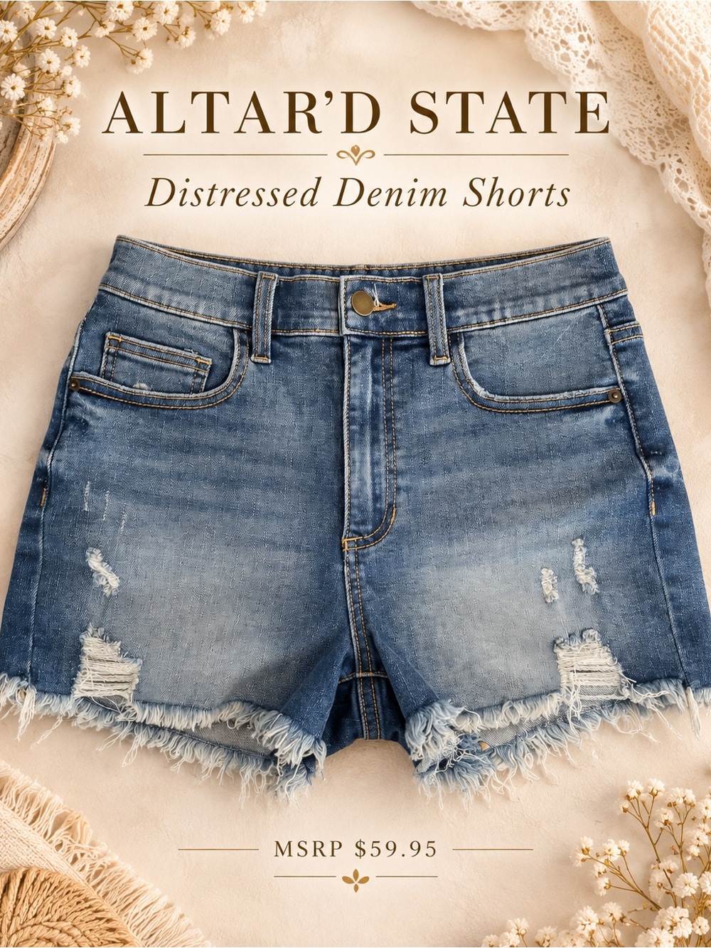 Altar'd State Frayed Hem Distressed Denim Shorts - Blue - Size Small (Jr 3) NWT